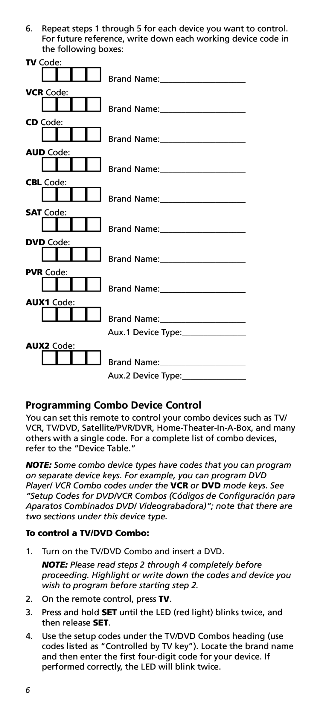 One for All URC10820N warranty Programming Combo Device Control, AUX1 Code, AUX2 Code, To control a TV/DVD Combo 