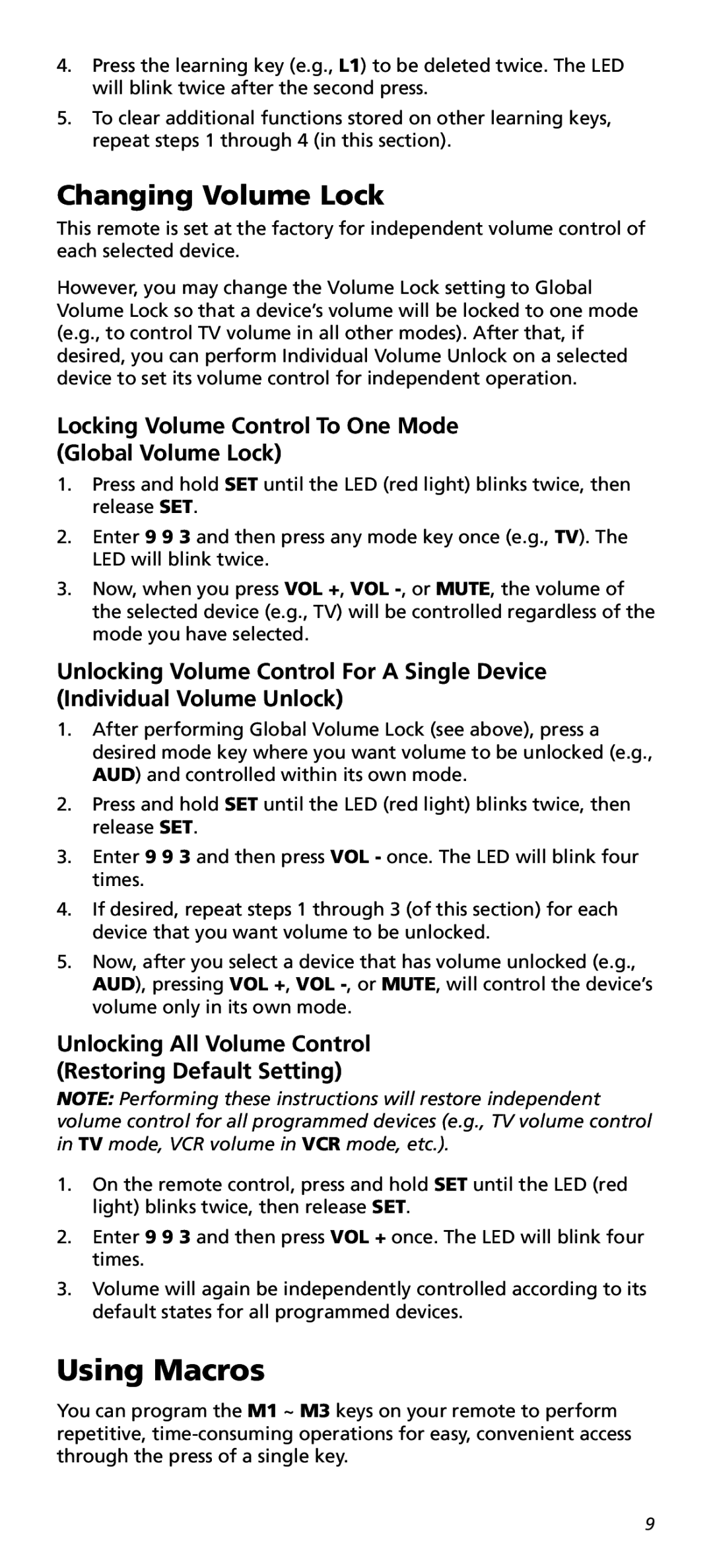 One for All URC10820N warranty Changing Volume Lock, Locking Volume Control To One Mode Global Volume Lock 