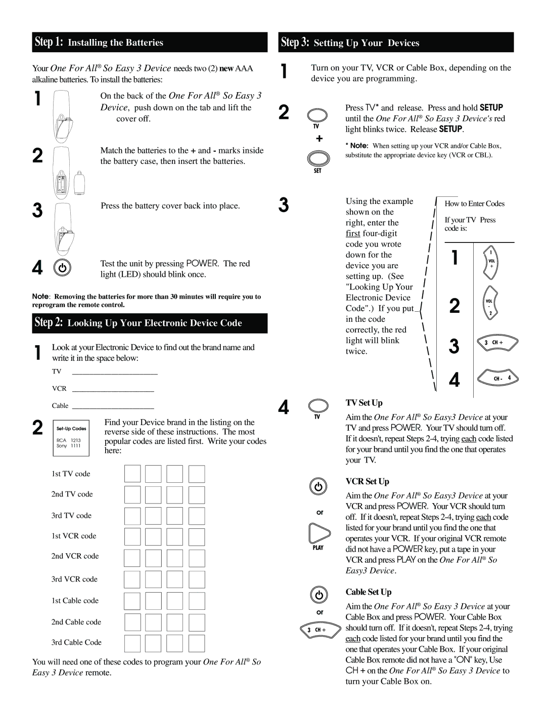 One for All URC3050 manual Installing the Batteries, Setting Up Your Devices, Looking Up Your Electronic Device Code 