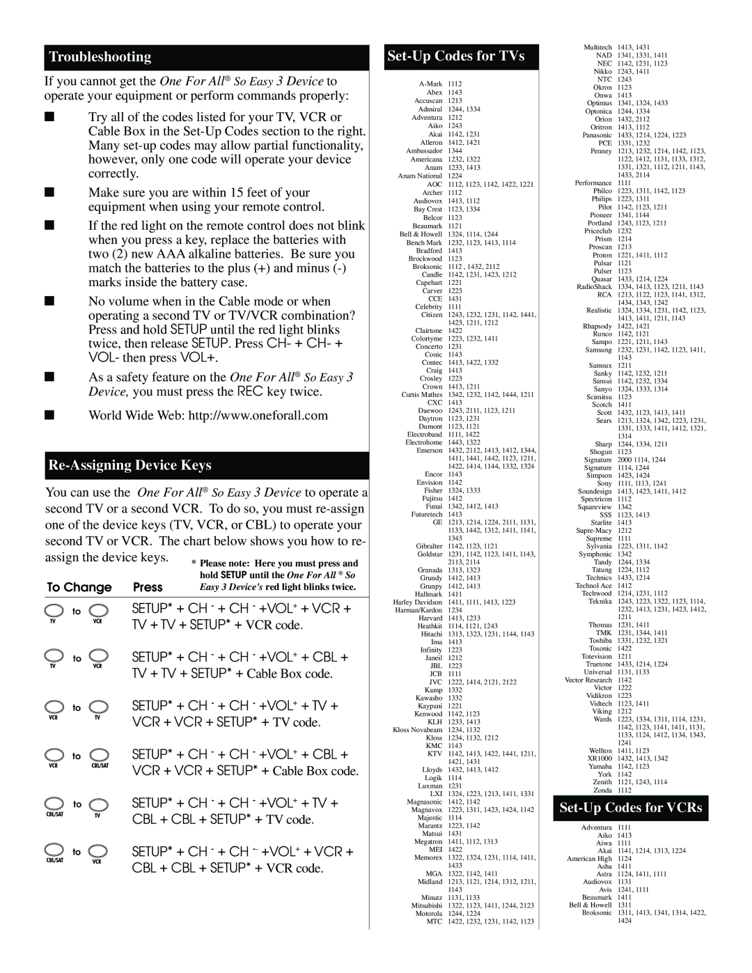 One for All URC3050 manual Troubleshooting, Re-Assigning Device Keys, Set-Up Codes for TVs, Set-Up Codes for VCRs 