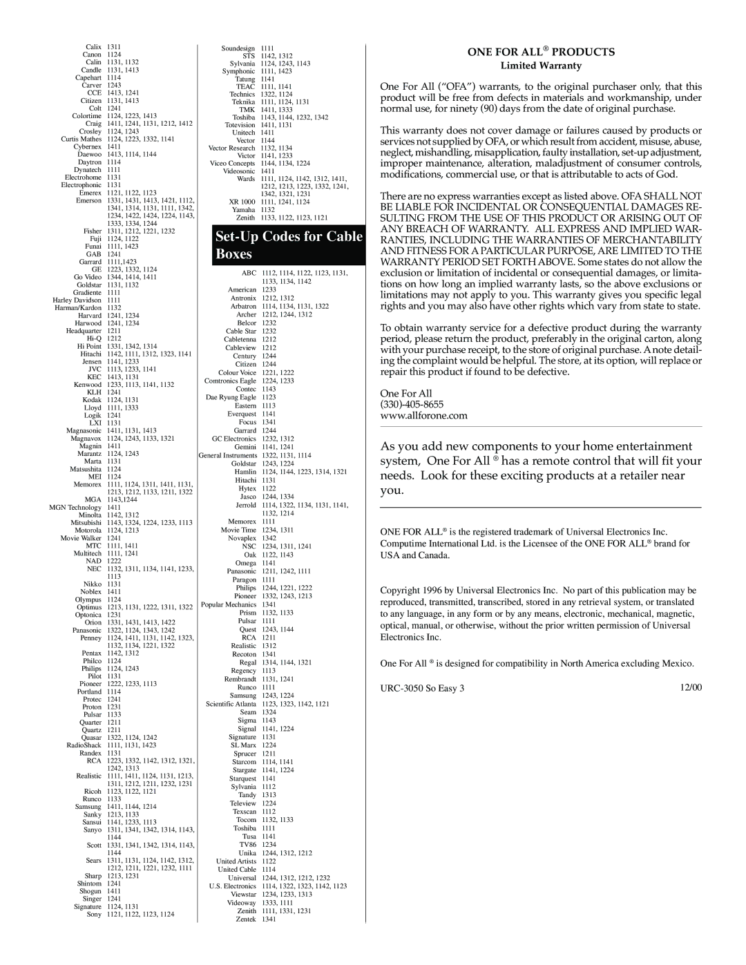 One for All URC3050 manual Set-Up Codes for Cable Boxes 