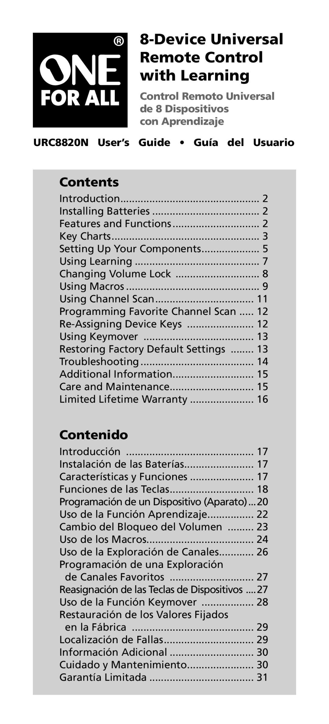 One for All URC8820N warranty Contents, Contenido 