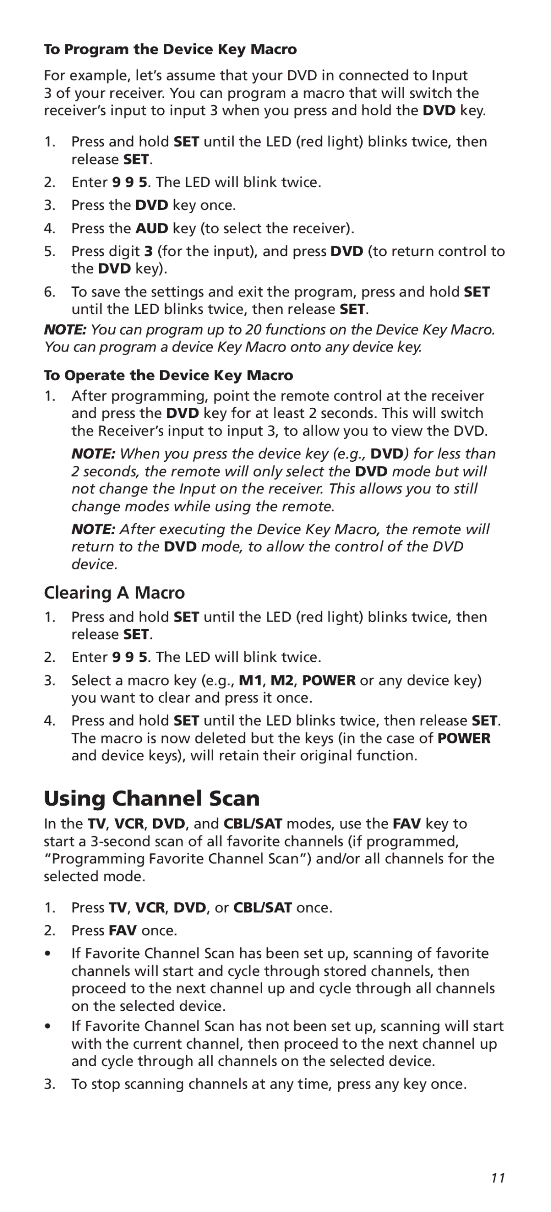 One for All URC8820N warranty Using Channel Scan, Clearing a Macro, To Program the Device Key Macro 