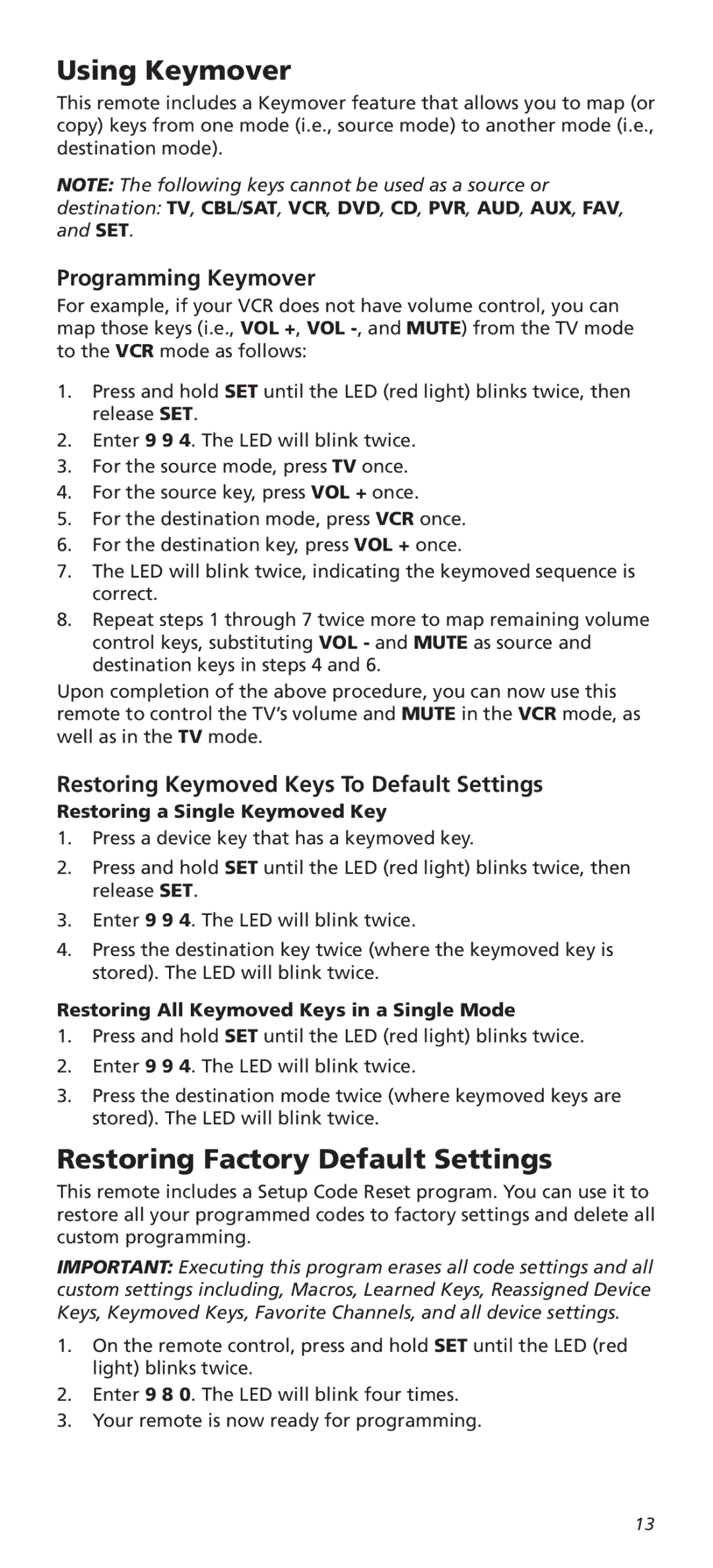 One for All URC8820N warranty Using Keymover, Restoring Factory Default Settings, Programming Keymover 