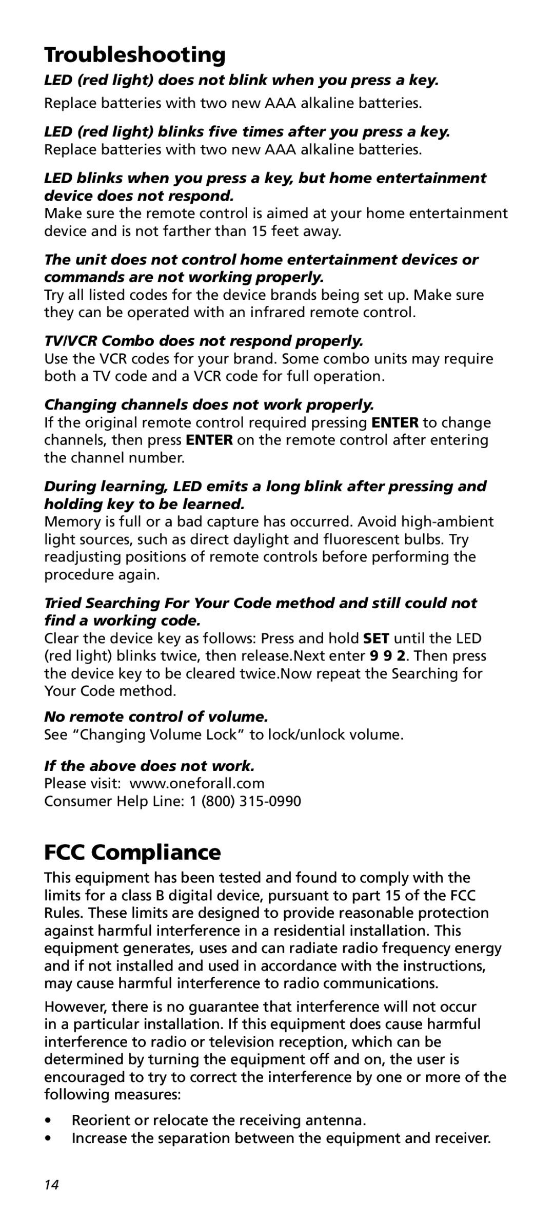 One for All URC8820N warranty Troubleshooting, FCC Compliance 