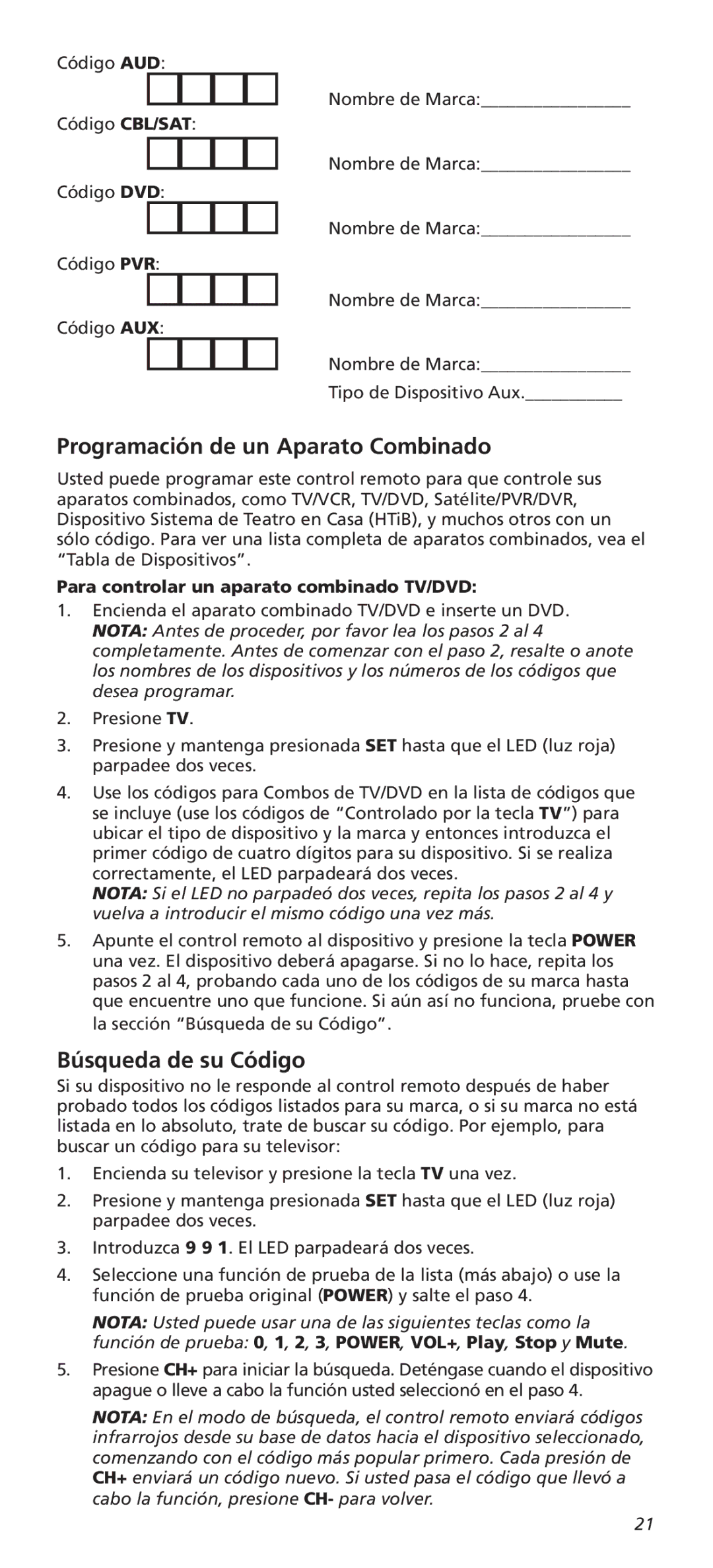 One for All URC8820N warranty Programación de un Aparato Combinado, Búsqueda de su Código 