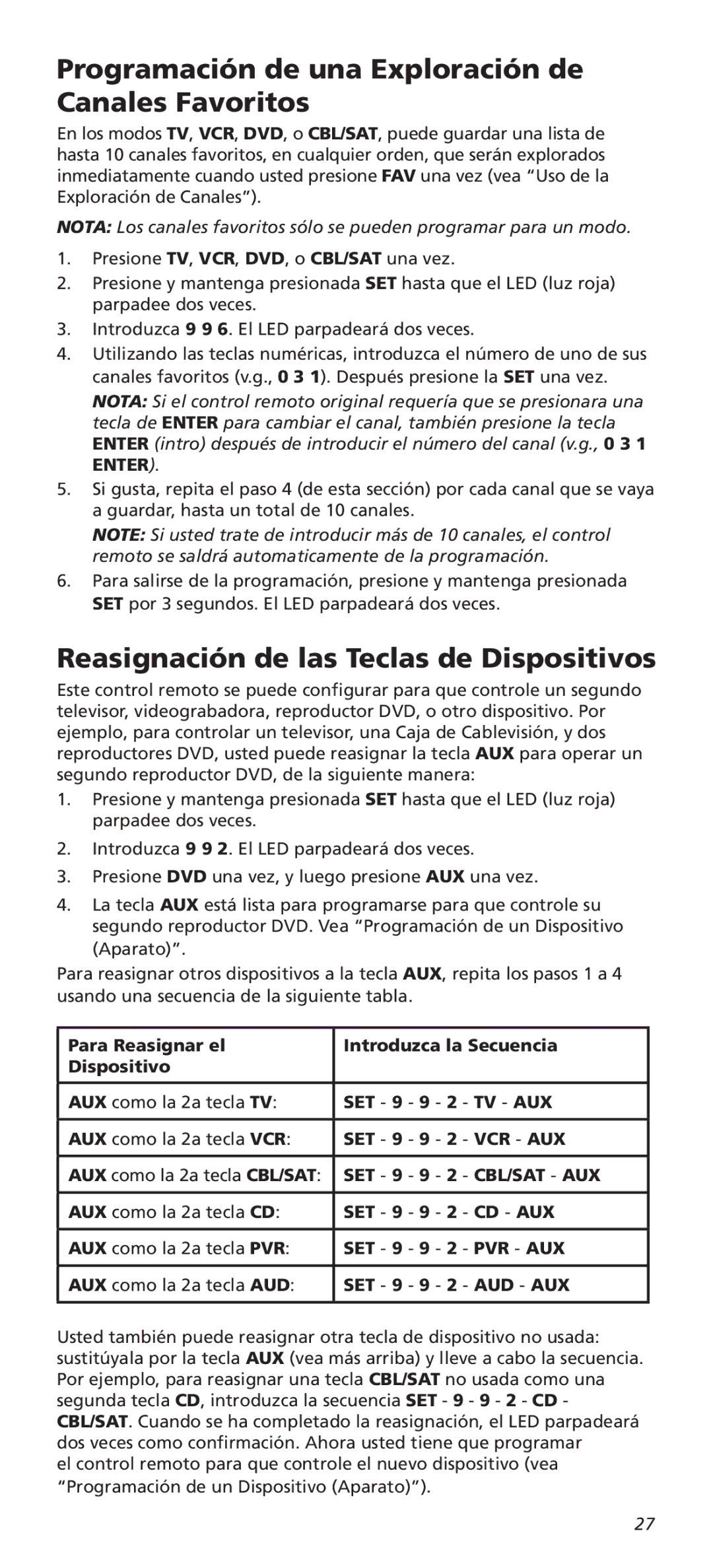 One for All URC8820N Programación de una Exploración de Canales Favoritos, Reasignación de las Teclas de Dispositivos 