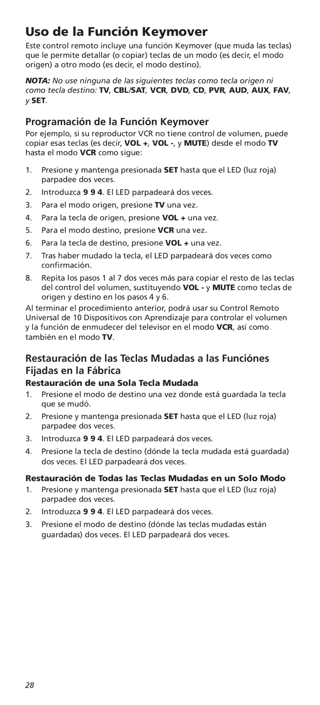 One for All URC8820N warranty Uso de la Función Keymover, Programación de la Función Keymover 