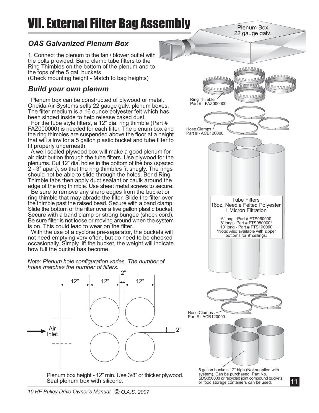 Oneida Air Systems 10 HP manual VII. External Filter Bag Assembly, OAS Galvanized Plenum Box 