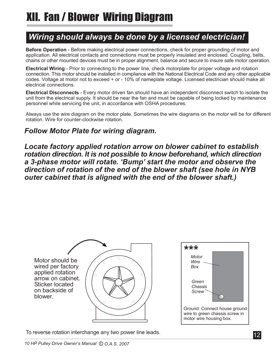 Oneida Air Systems 10 HP manual XII. Fan / Blower Wiring Diagram, Wiring should always be done by a licensed electrician 