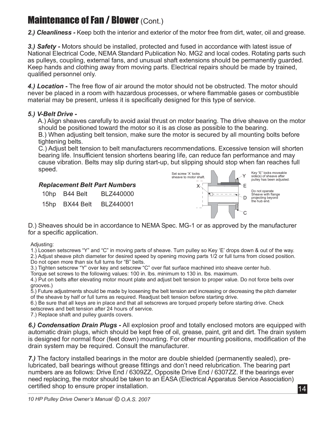 Oneida Air Systems 10 HP manual Maintenance of Fan / Blower, Belt Drive 