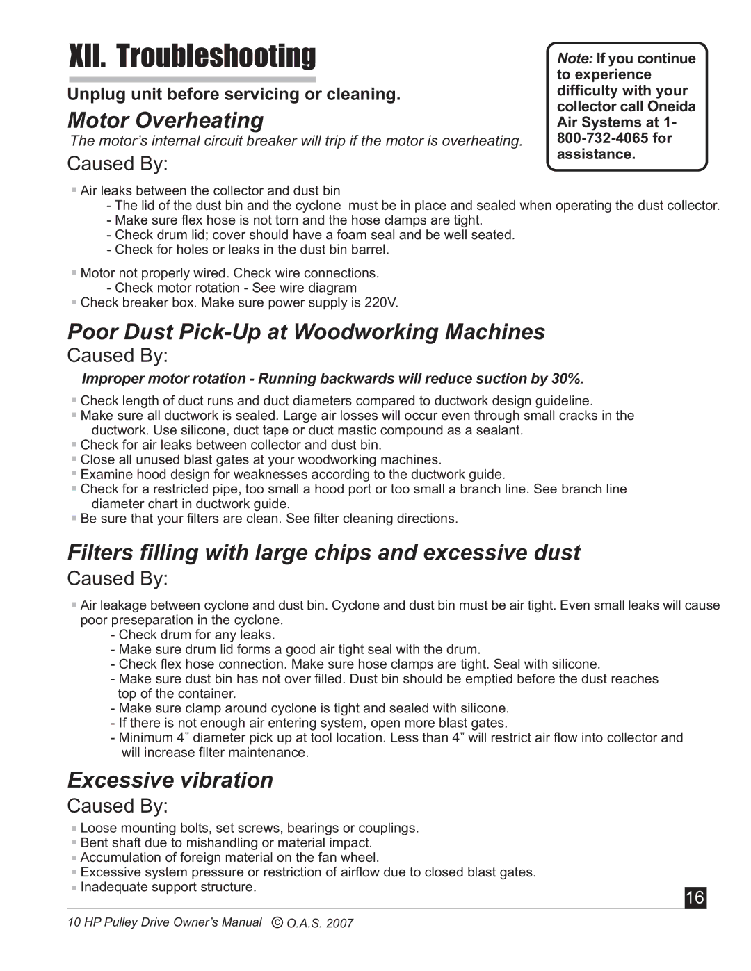 Oneida Air Systems 10 HP manual XII. Troubleshooting, Motor Overheating, Poor Dust Pick-Up at Woodworking Machines 