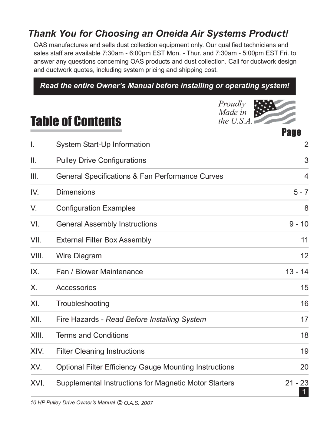 Oneida Air Systems 10 HP manual Table of Contents 