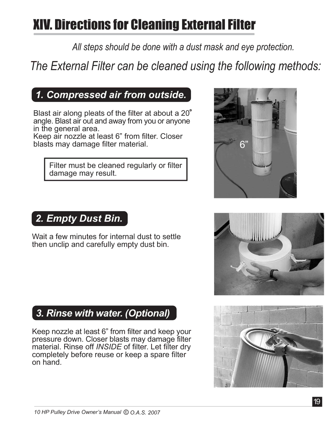 Oneida Air Systems 10 HP manual XIV. Directions for Cleaning External Filter 