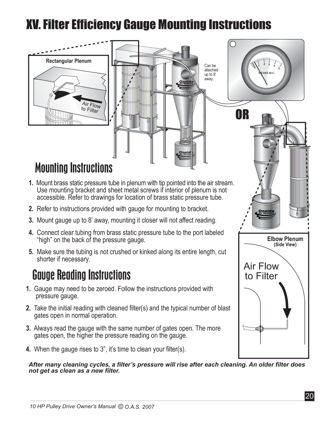 Oneida Air Systems 10 HP manual Mounting Instructions, Air Flow to Filter 