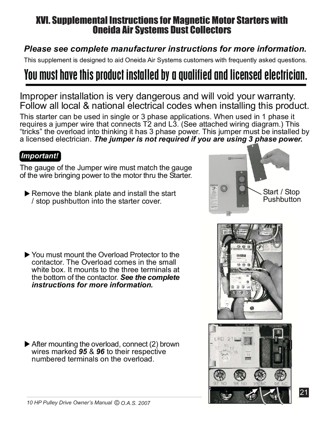 Oneida Air Systems 10 HP manual Start / Stop Pushbutton 