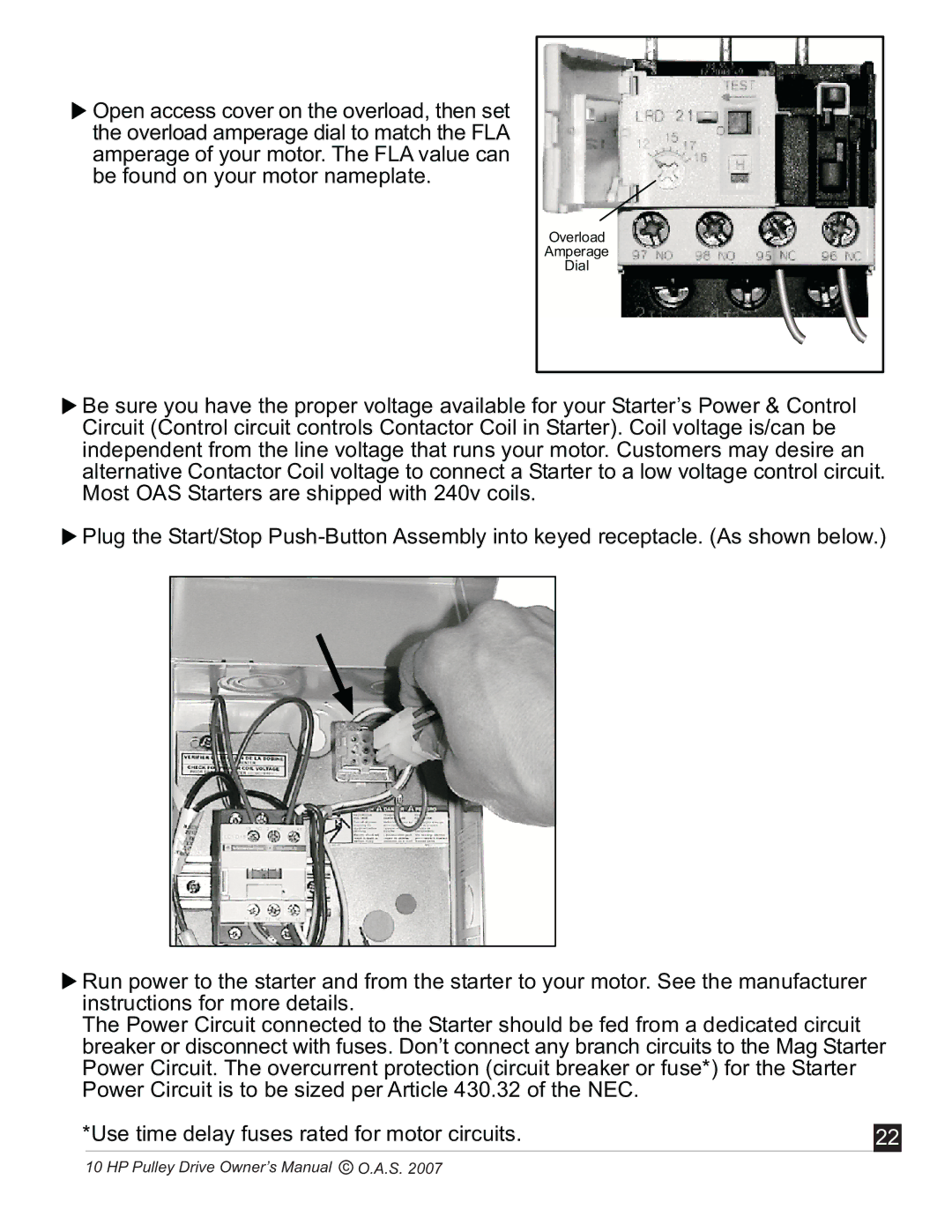 Oneida Air Systems 10 HP manual Overload Amperage Dial 