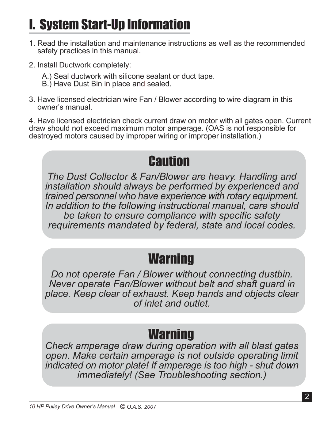 Oneida Air Systems 10 HP manual System Start-Up Information 