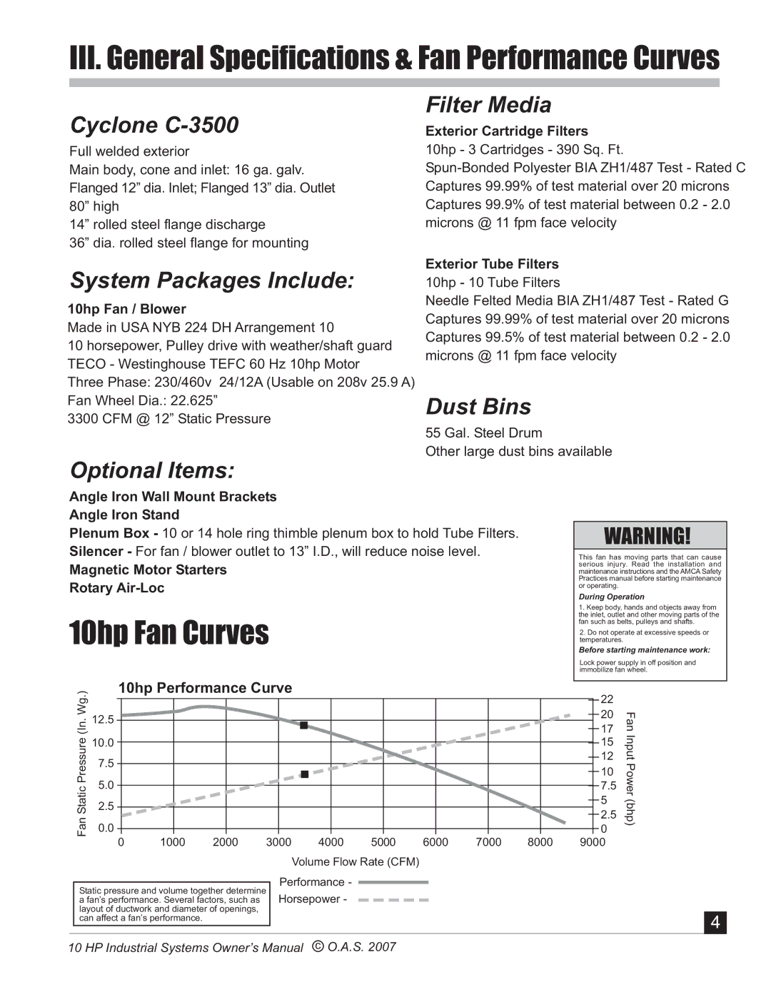 Oneida Air Systems 10 HP 10hp Fan Curves, Cyclone C-3500, System Packages Include, Optional Items Filter Media, Dust Bins 