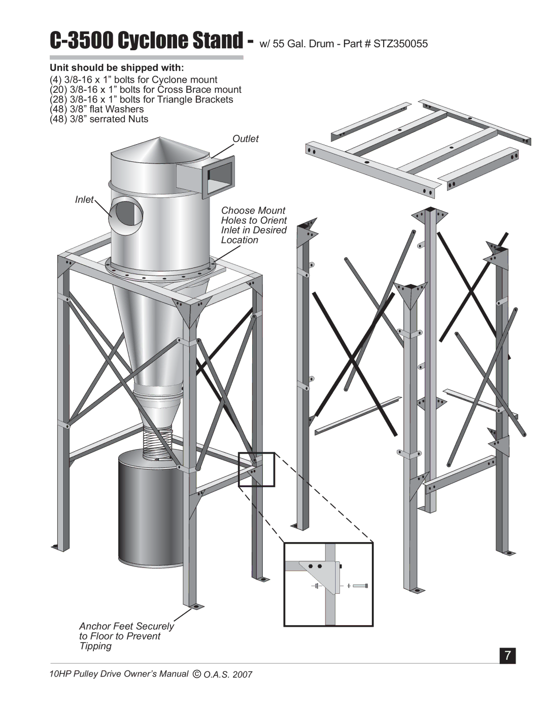 Oneida Air Systems 10 HP manual Cyclone Stand w/ 55 Gal. Drum STZ350055 