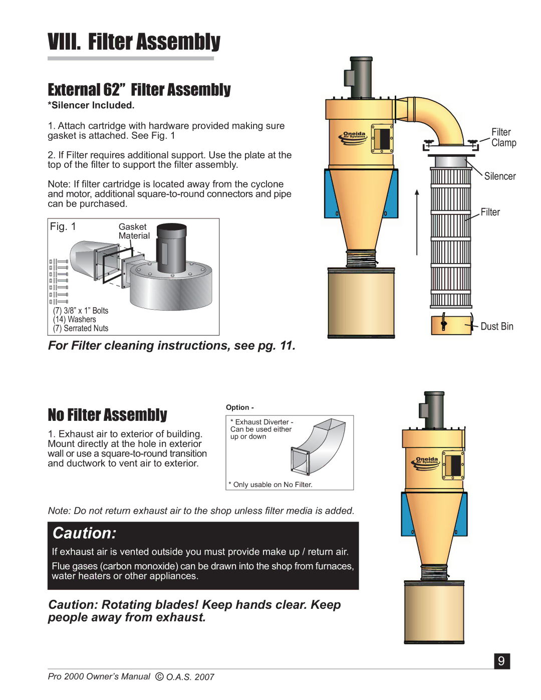 Oneida Air Systems 2000 manual VIII. Filter Assembly, External 62 Filter Assembly 