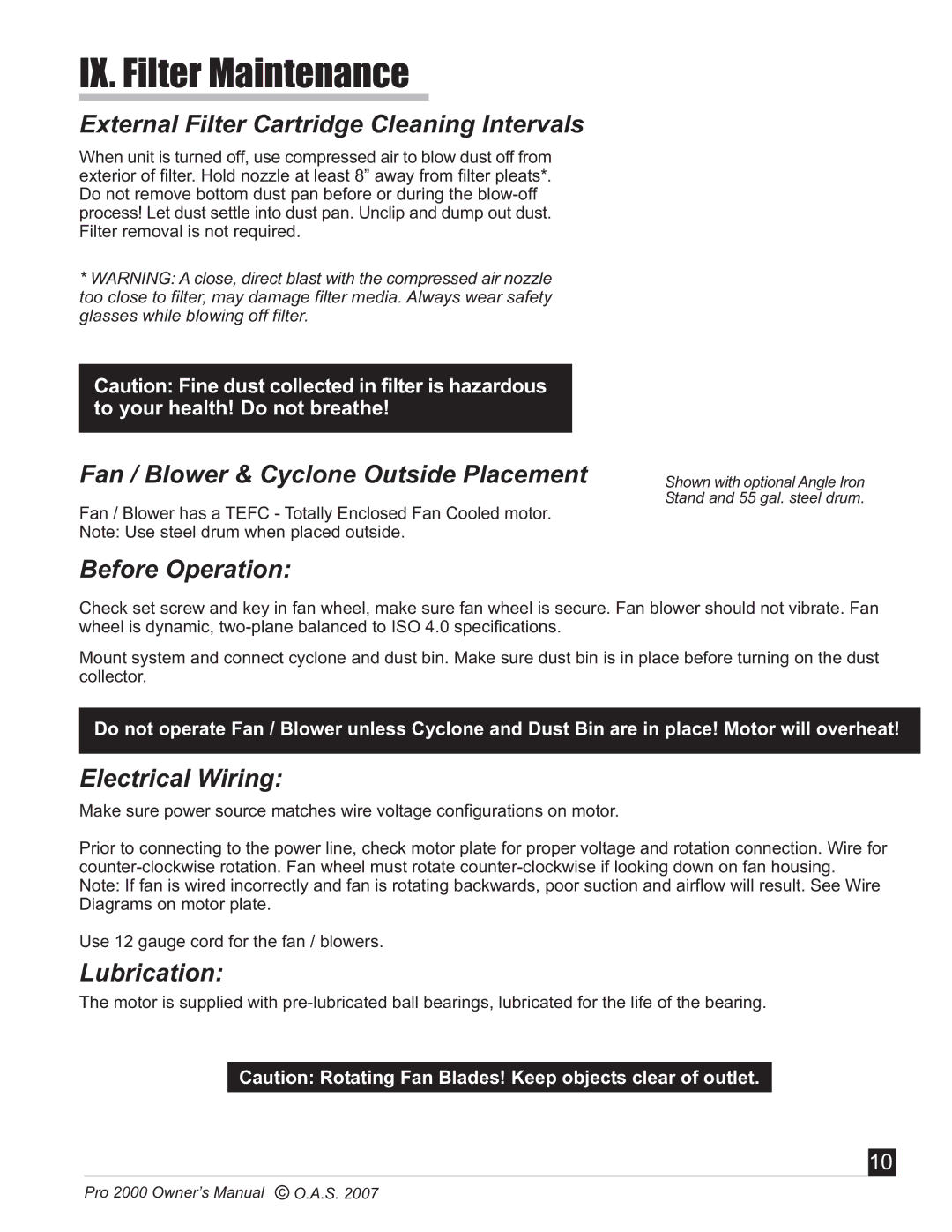 Oneida Air Systems 2000 manual IX. Filter Maintenance, External Filter Cartridge Cleaning Intervals 