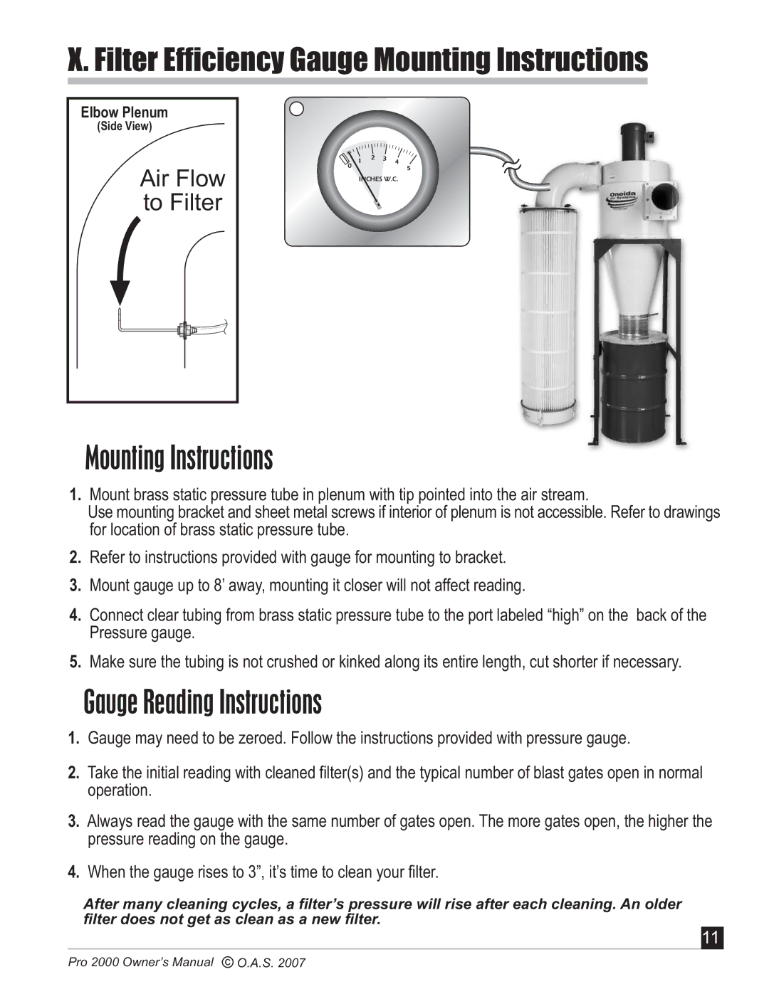 Oneida Air Systems 2000 manual Filter Efficiency Gauge Mounting Instructions 