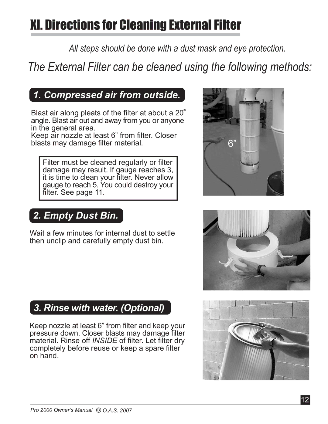 Oneida Air Systems 2000 manual XI. Directions for Cleaning External Filter 