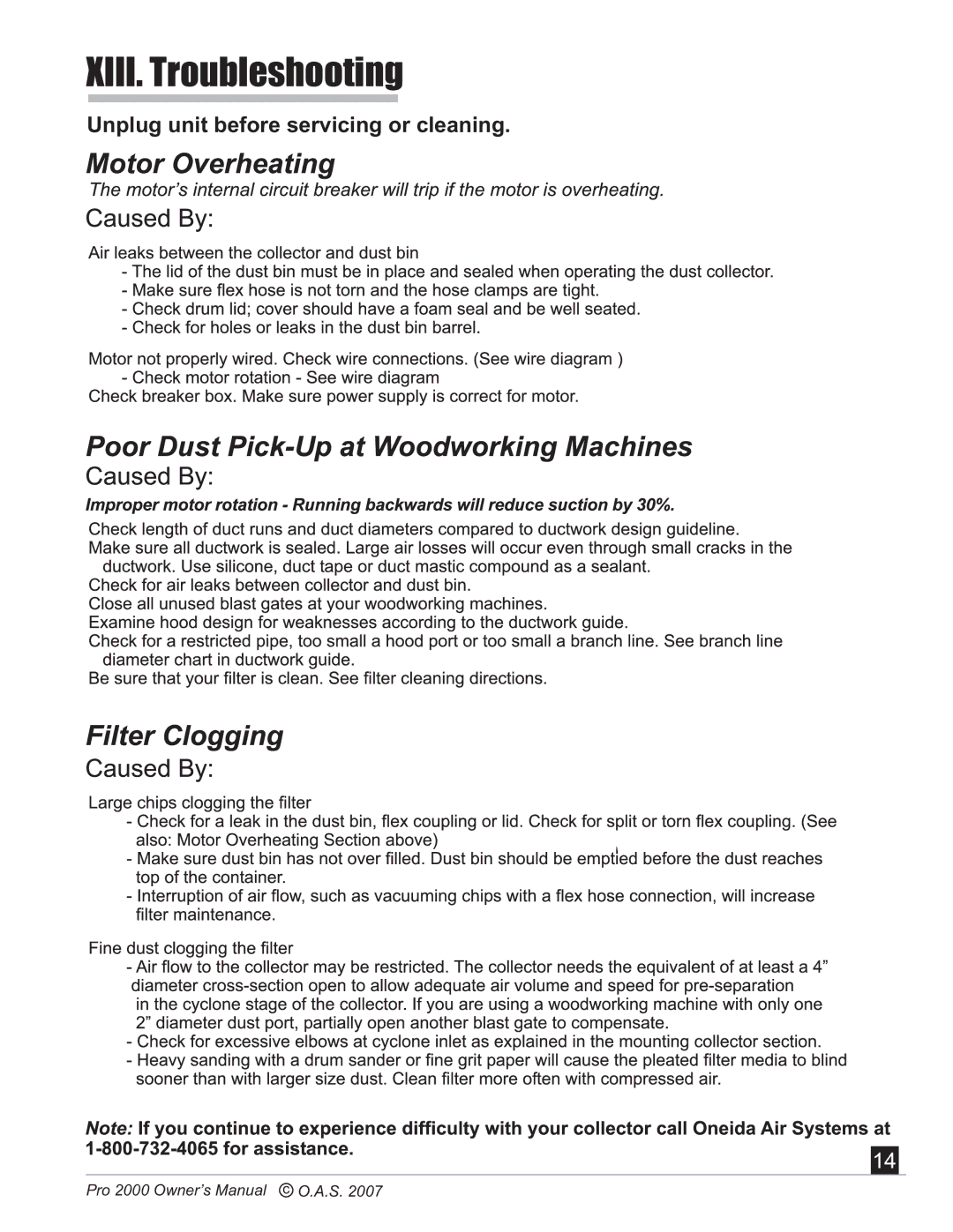 Oneida Air Systems 2000 manual XIII. Troubleshooting 