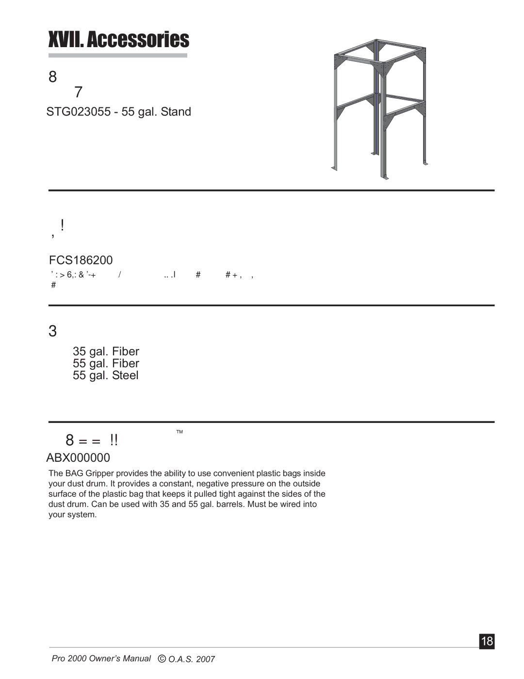 Oneida Air Systems 2000 manual XVII. Accessories, Bolt Together Angle Iron Stand, Replacement Filter, Dust Containers 