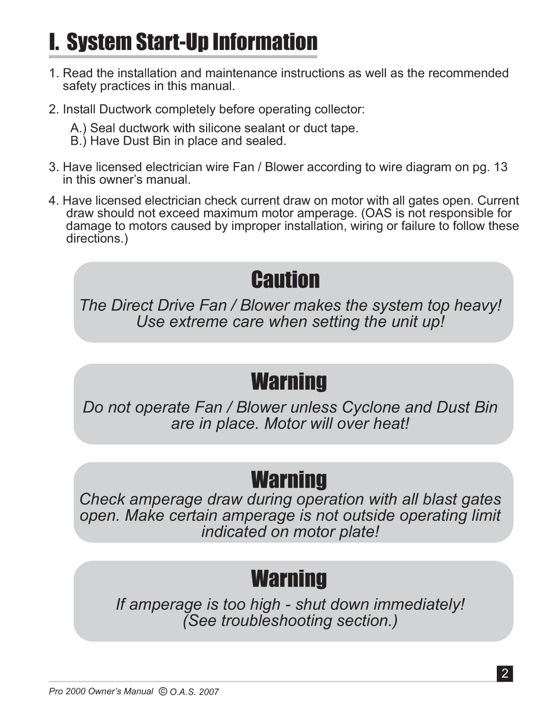 Oneida Air Systems 2000 manual System Start-Up Information 