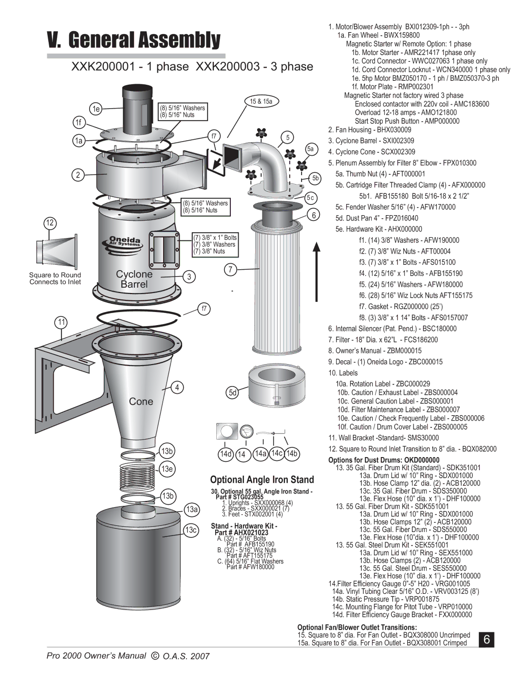 Oneida Air Systems manual General Assembly, XXK200001 1 phase XXK200003 3 phase 