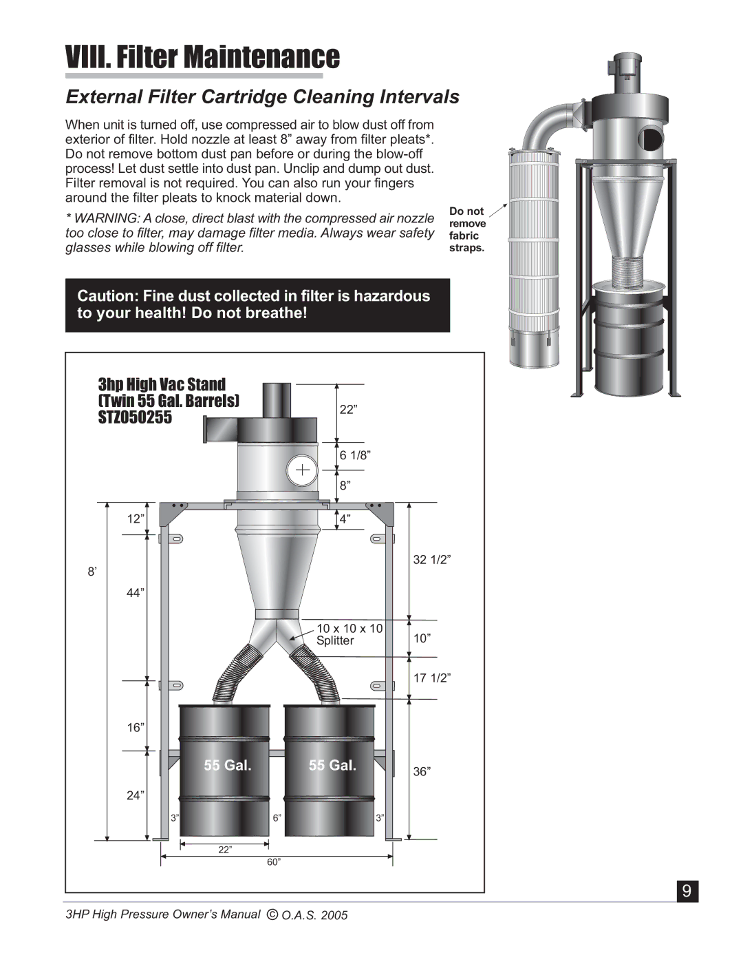 Oneida Air Systems 2005c3HP manual VIII. Filter Maintenance, External Filter Cartridge Cleaning Intervals 