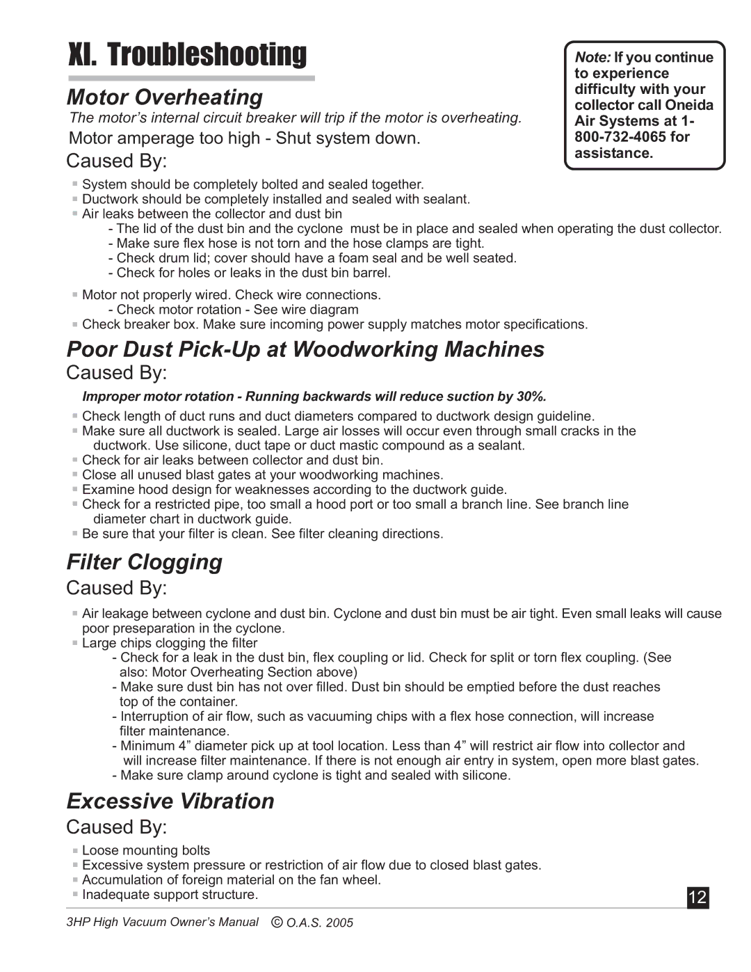 Oneida Air Systems 2005c3HP manual XI. Troubleshooting, Motor Overheating, Poor Dust Pick-Up at Woodworking Machines 