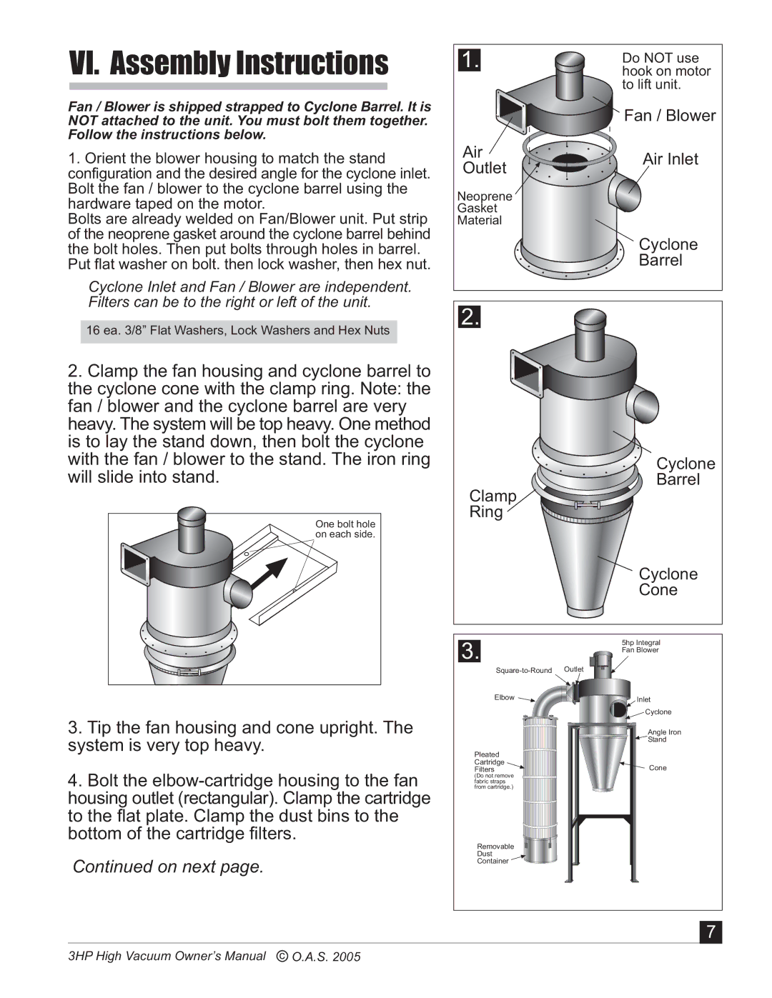 Oneida Air Systems 2005c3HP manual VI. Assembly Instructions, On next 