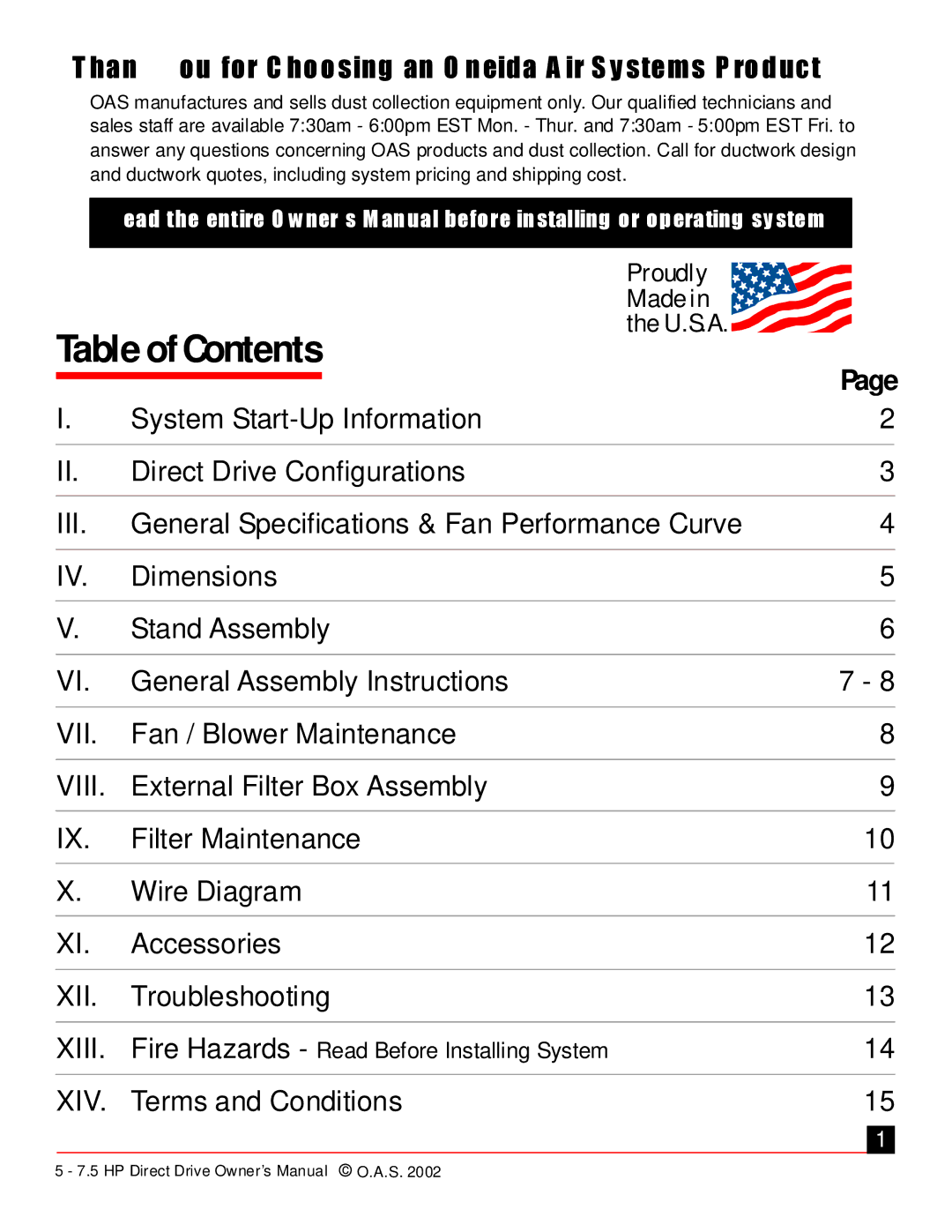 Oneida Air Systems 5 & 7.5 HP Direct Drive Cyclonic Dust Collectors manual Table of Contents 