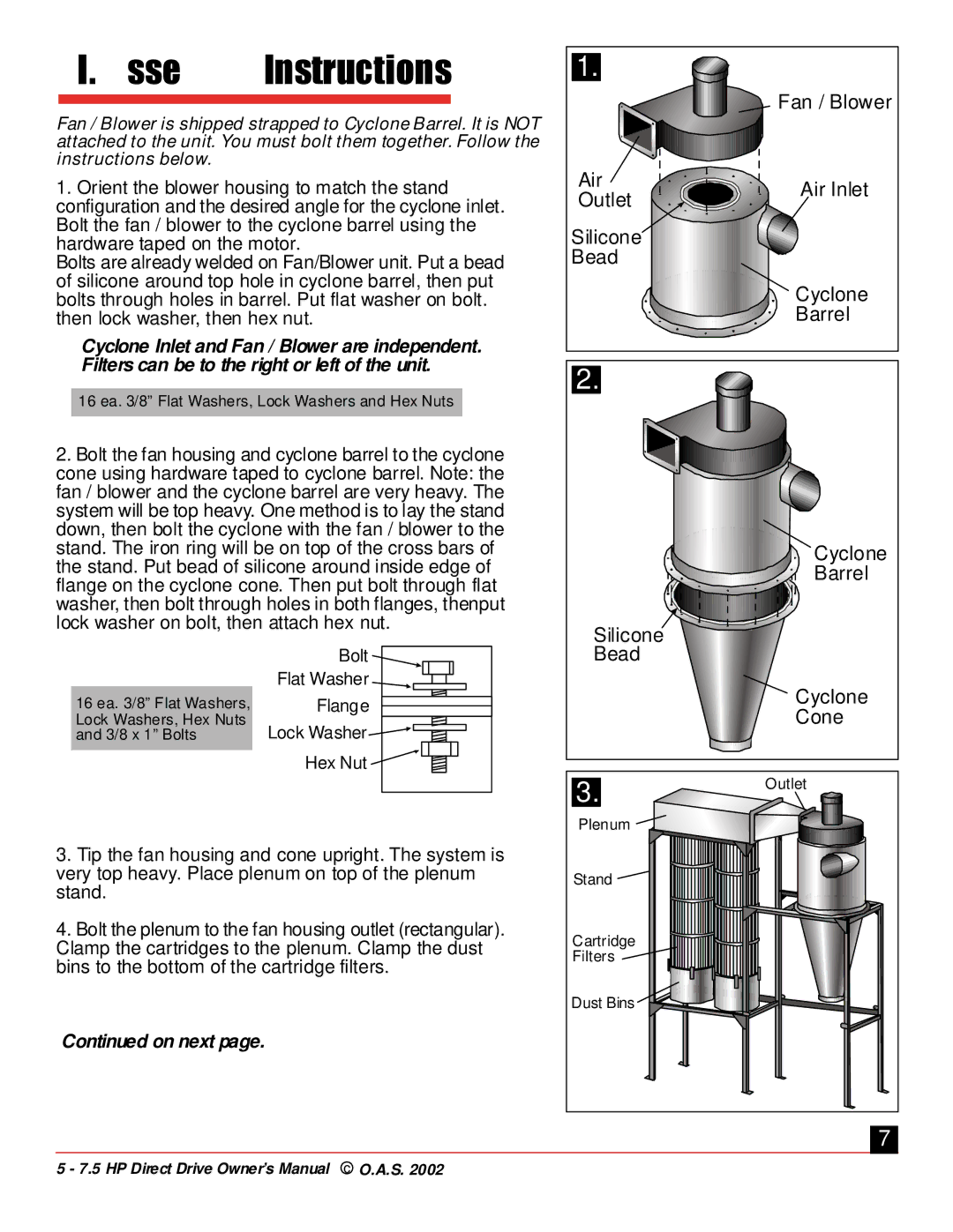 Oneida Air Systems 5 & 7.5 HP Direct Drive Cyclonic Dust Collectors manual VI. Assembly Instructions 