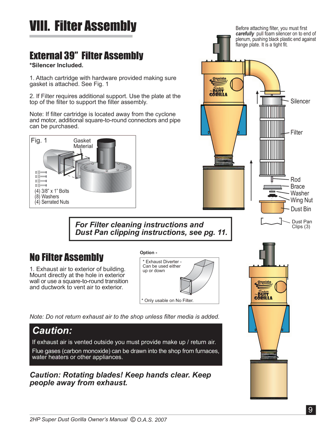 Oneida Air Systems Super Dust Gorilla manual VIII. Filter Assembly, External 39 Filter Assembly 