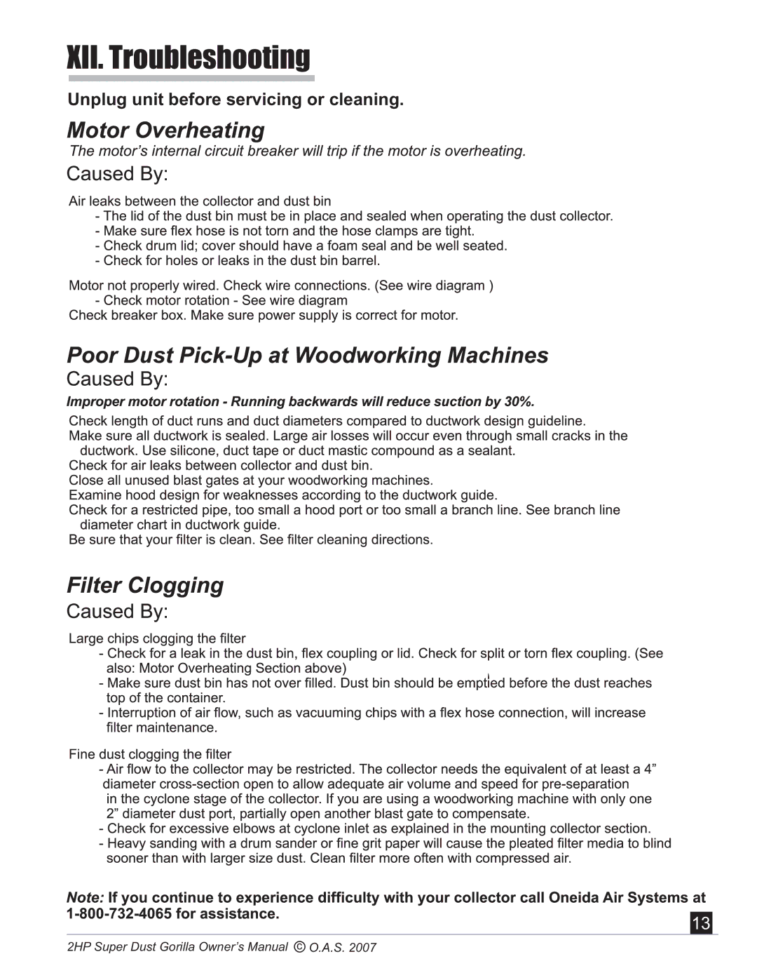 Oneida Air Systems Super Dust Gorilla manual XII. Troubleshooting 