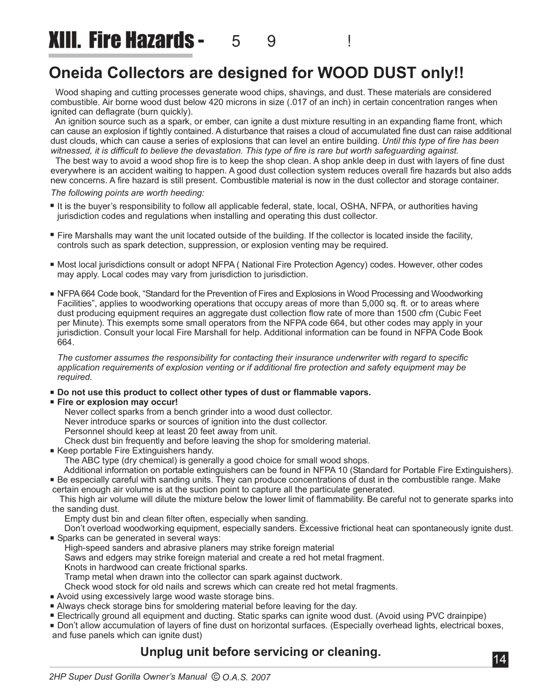 Oneida Air Systems Super Dust Gorilla manual XIII. Fire Hazards Read Before Installing and Operating 