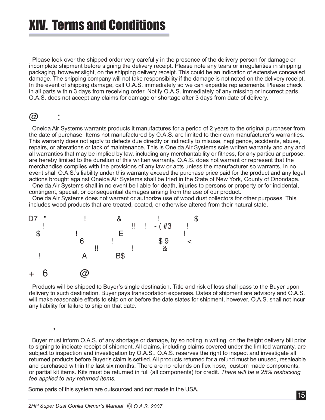 Oneida Air Systems Super Dust Gorilla manual XIV. Terms and Conditions, Checking in Order, Limited Warranty 