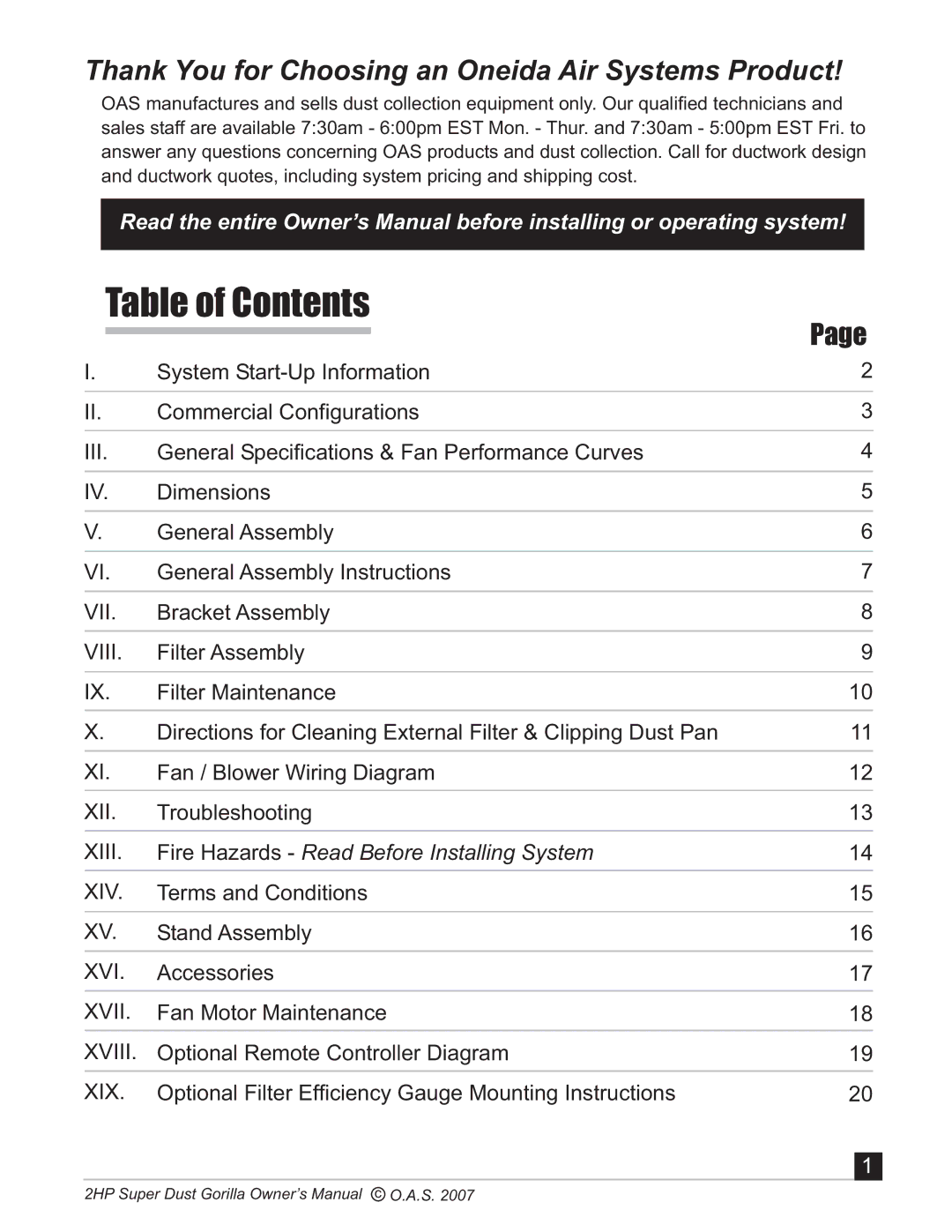 Oneida Air Systems Super Dust Gorilla manual Table of Contents 