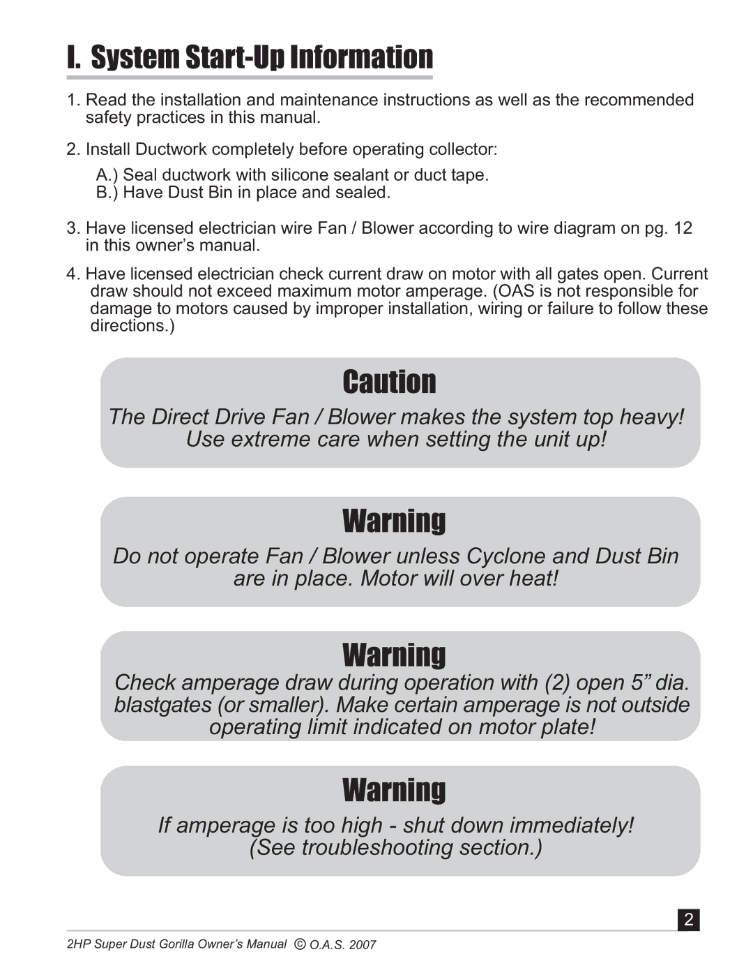 Oneida Air Systems Super Dust Gorilla manual System Start-Up Information 