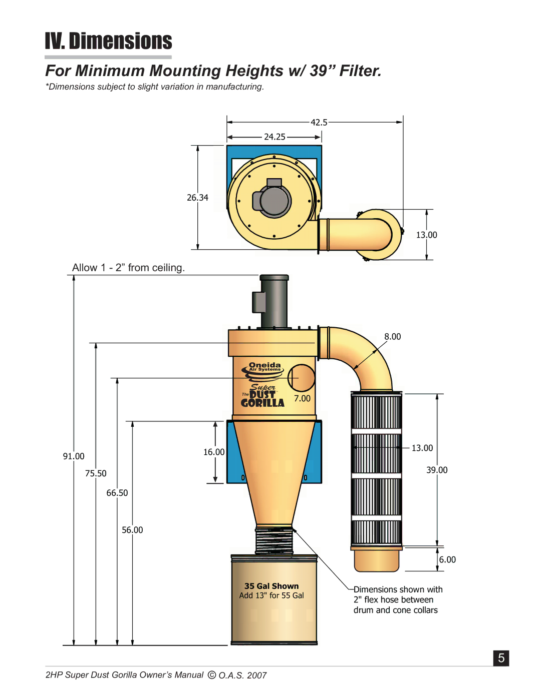 Oneida Air Systems Super Dust Gorilla manual IV. Dimensions, For Minimum Mounting Heights w/ 39 Filter 