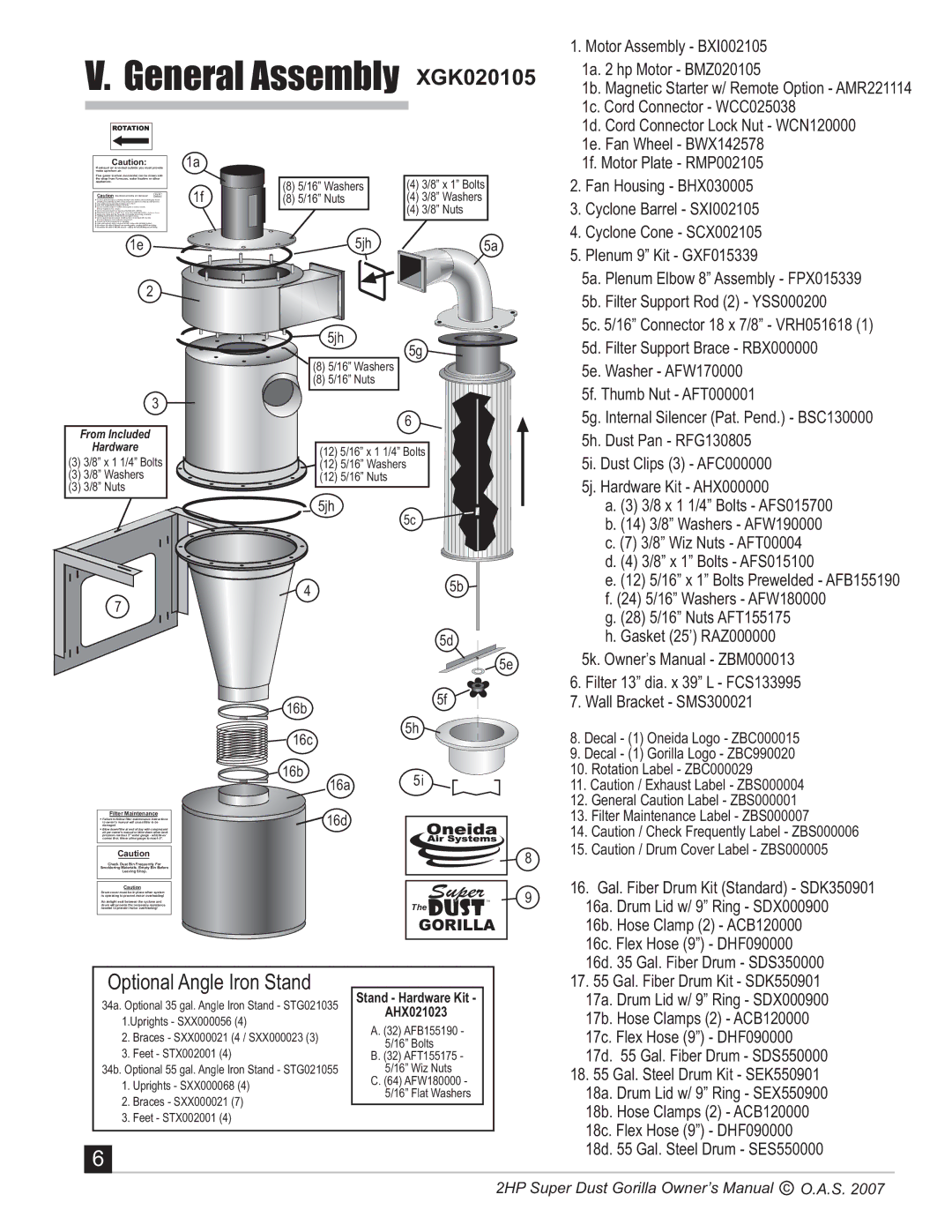 Oneida Air Systems Super Dust Gorilla manual General Assembly XGK020105, Systems For All 