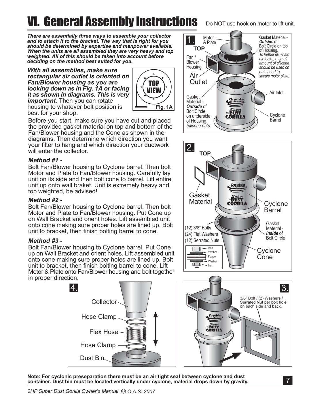 Oneida Air Systems Super Dust Gorilla manual VI. General Assembly Instructions 