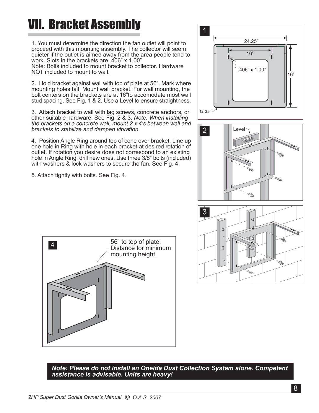 Oneida Air Systems Super Dust Gorilla manual VII. Bracket Assembly 