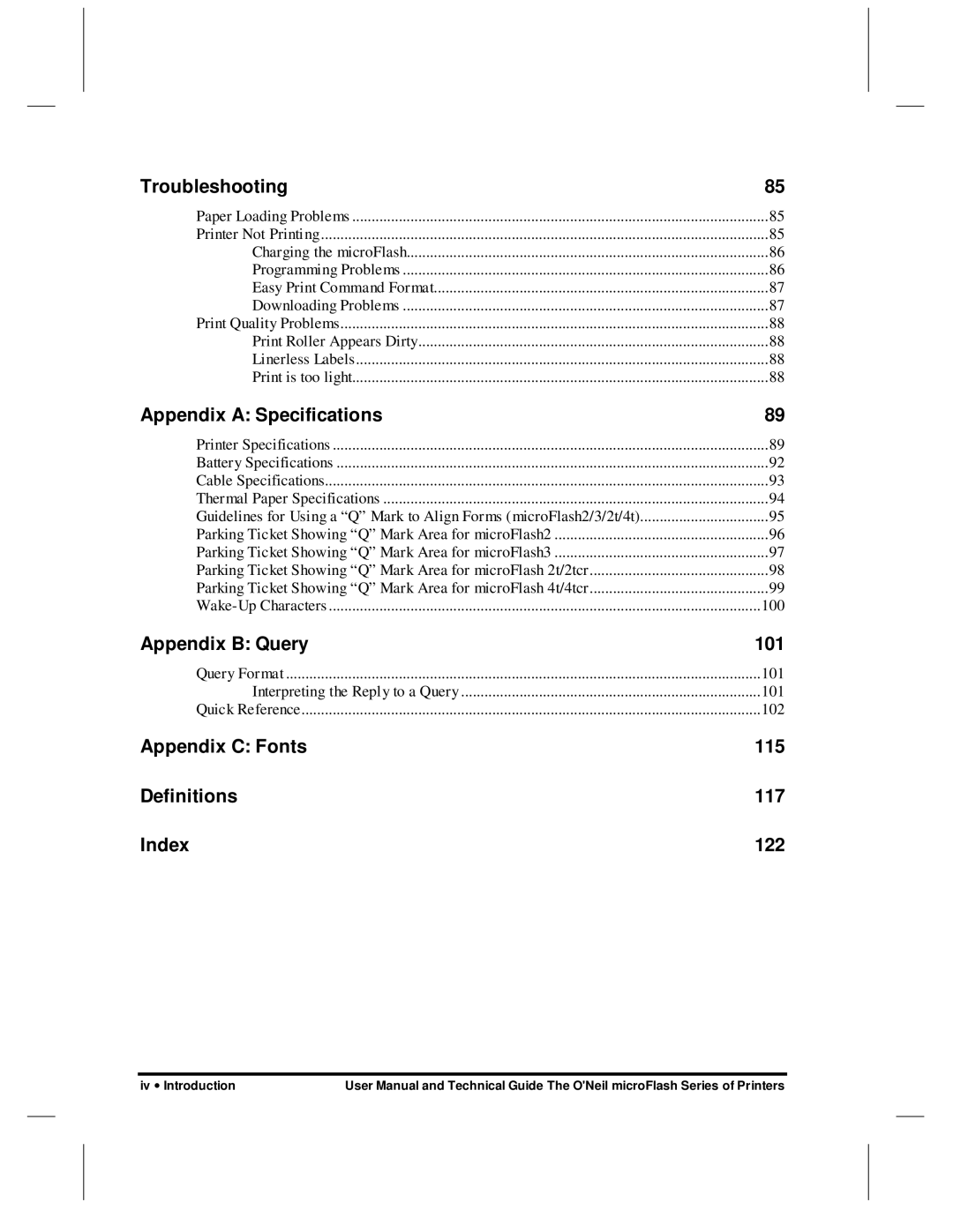 O'Neil microFlash Series Troubleshooting, Appendix a Specifications, Appendix B Query, Appendix C Fonts, Definitions 