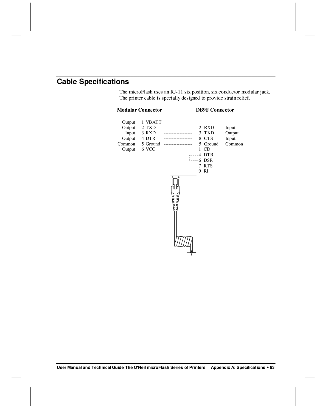 O'Neil microFlash Series user manual Cable Specifications, Modular Connector DB9F Connector 