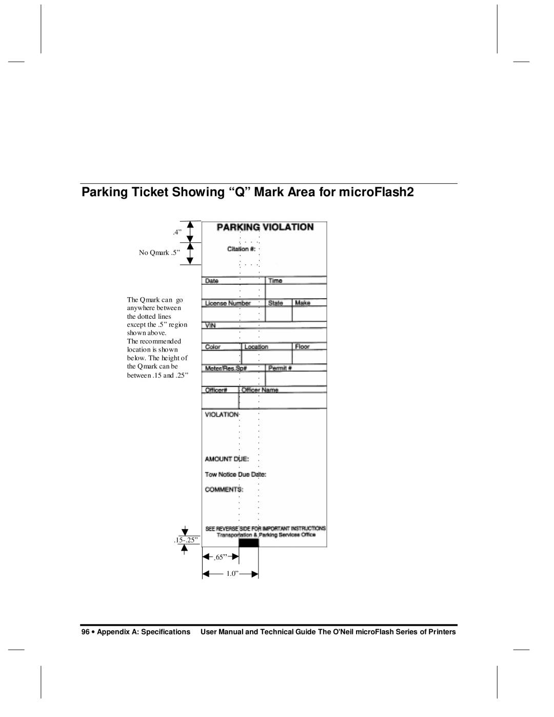 O'Neil microFlash Series user manual Parking Ticket Showing Q Mark Area for microFlash2, No Qmark 